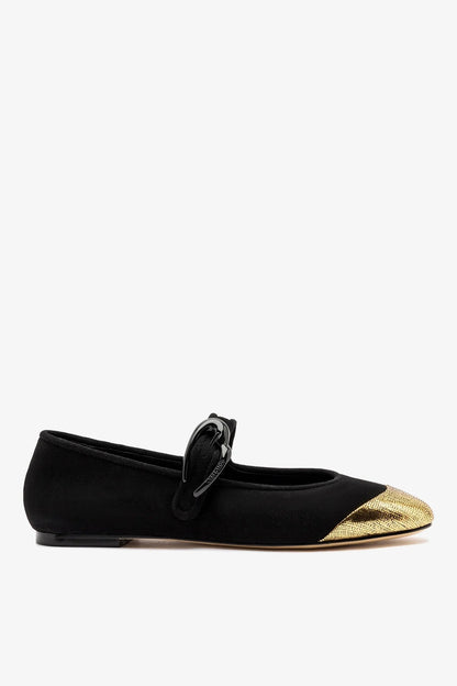 Verona Cap Ballet Flat Black Suede and Gold Leather - Larroude