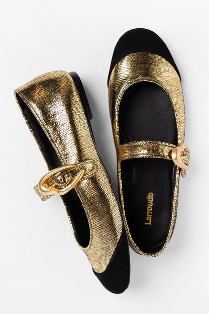 Verona Cap Ballet Flat Gold Leather and Black Suede - Larroude