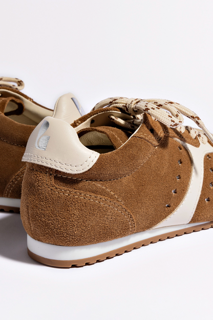 Stella Sneaker In Russet Suede and Ivory Leather - Larroude