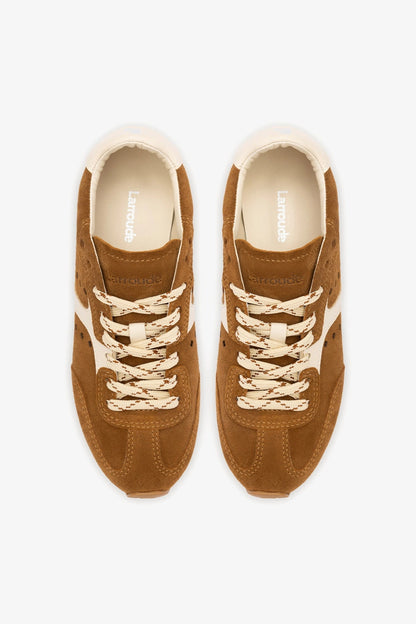 Stella Sneaker In Russet Suede and Ivory Leather - Larroude