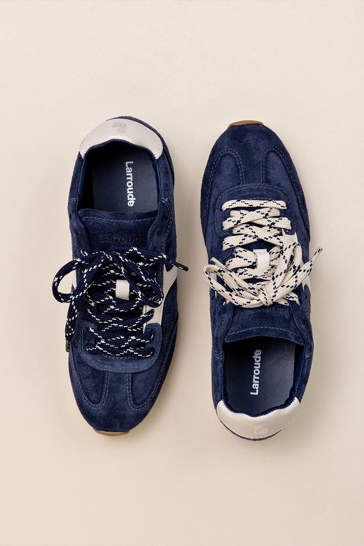 Stella Sneaker In Navy Suede and Ivory Leather - Larroude
