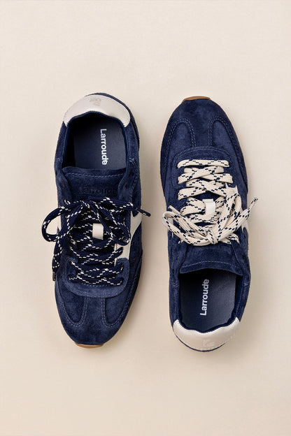 Stella Sneaker In Navy Suede and Ivory Leather - Larroude