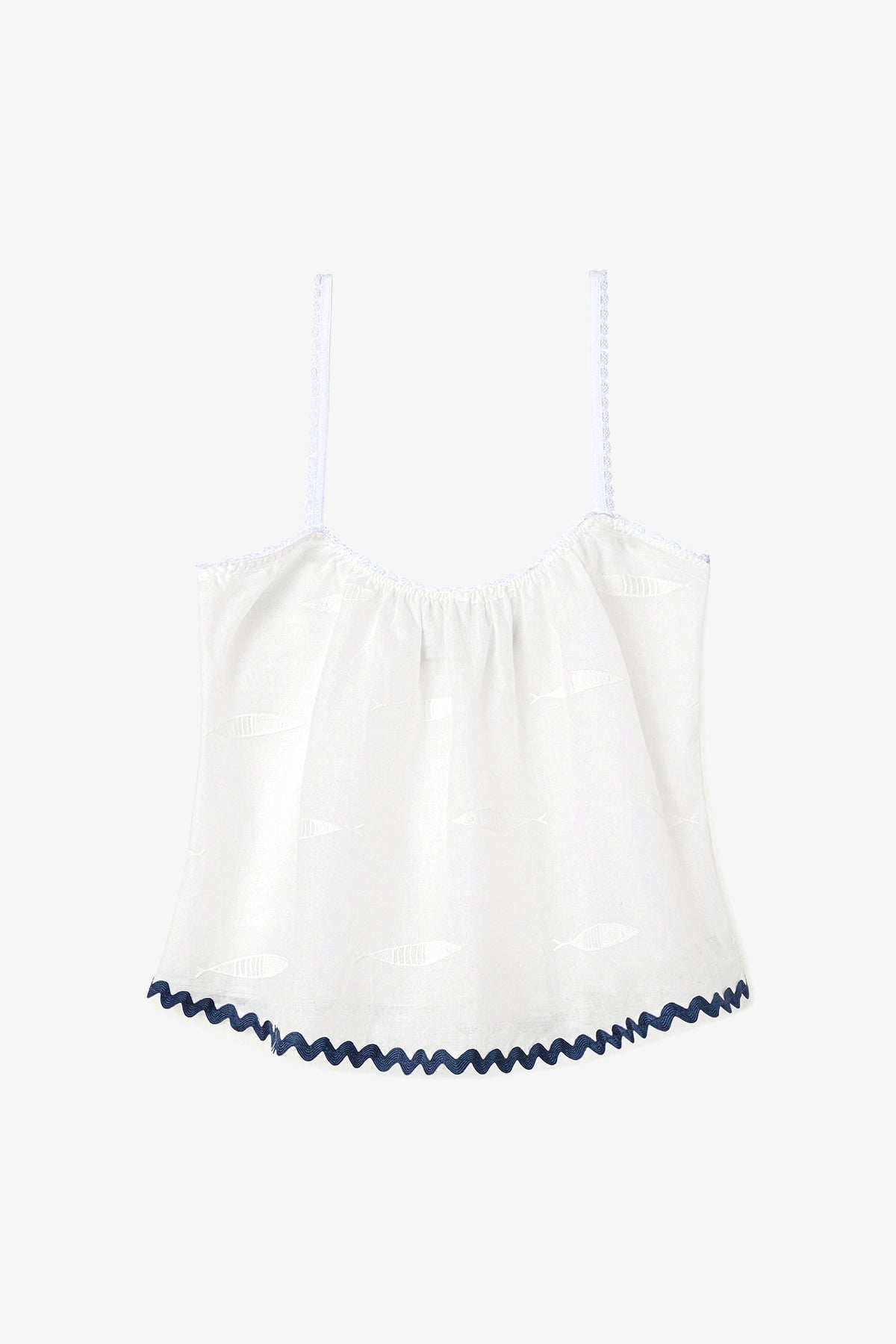 The Perfect Tank Top Embroidered Fish with Navy Trim - Larroude