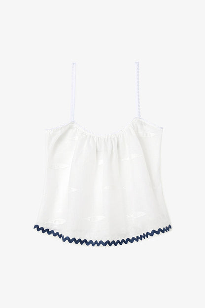 The Perfect Tank Top Embroidered Fish with Navy Trim - Larroude
