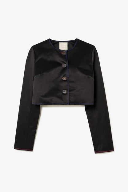 Gloria Cropped Jacket In Black Satin - Larroude