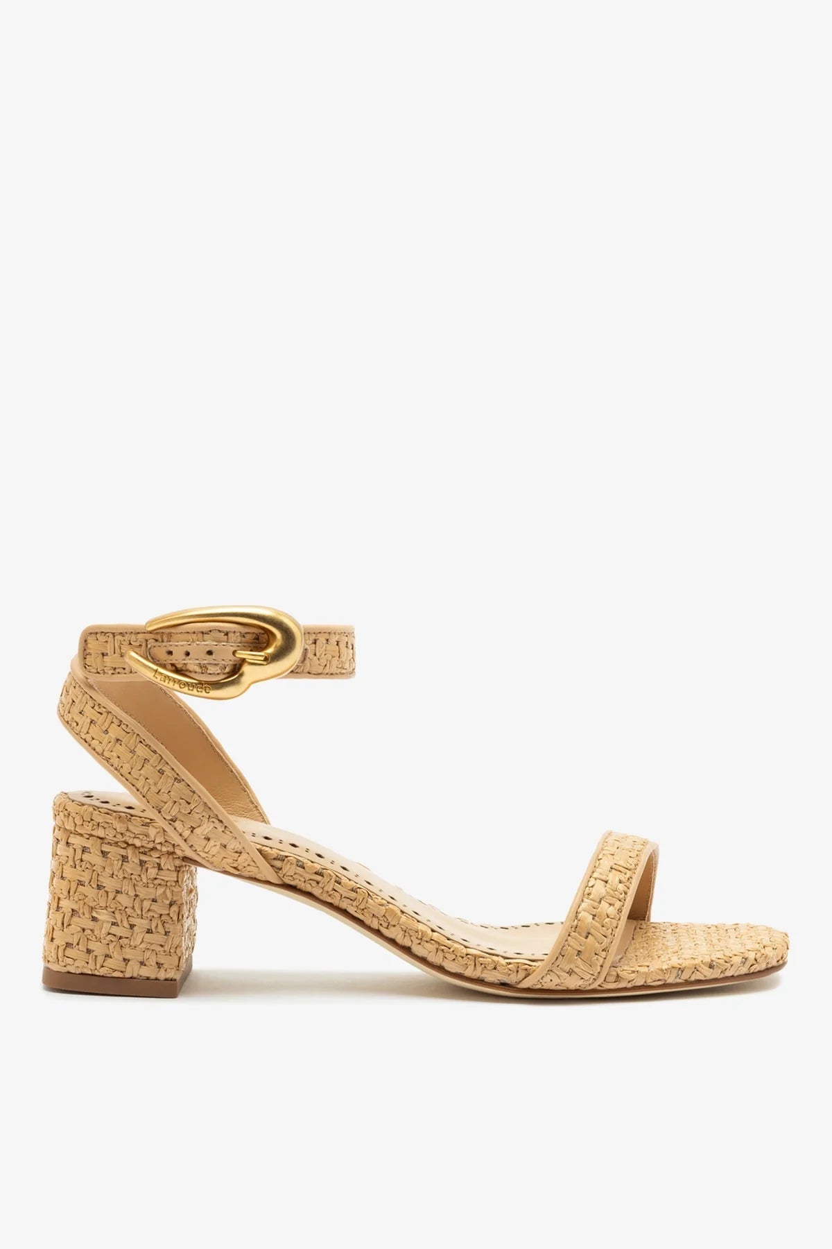 Verona Block Sandal In Beige Leather and Natural Raffia - Larroude