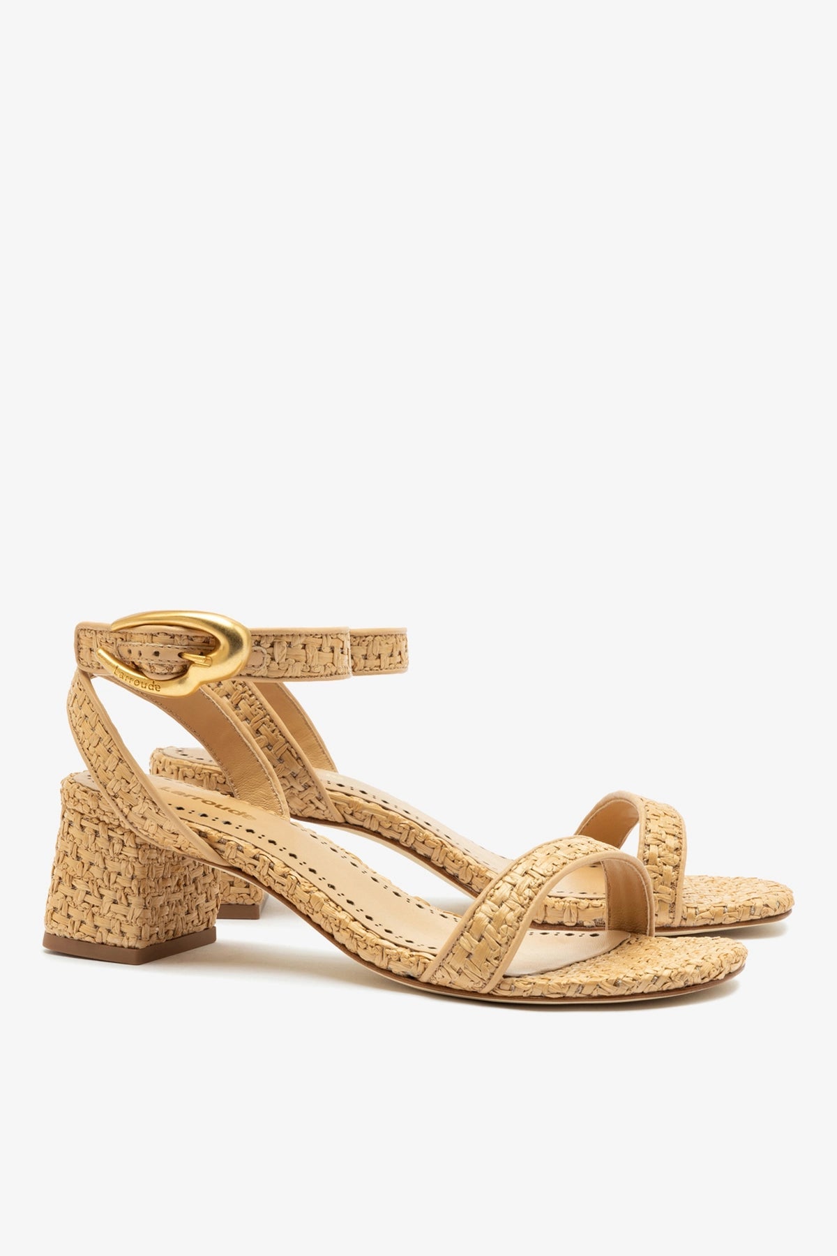 Verona Block Sandal In Beige Leather and Natural Raffia - Larroude