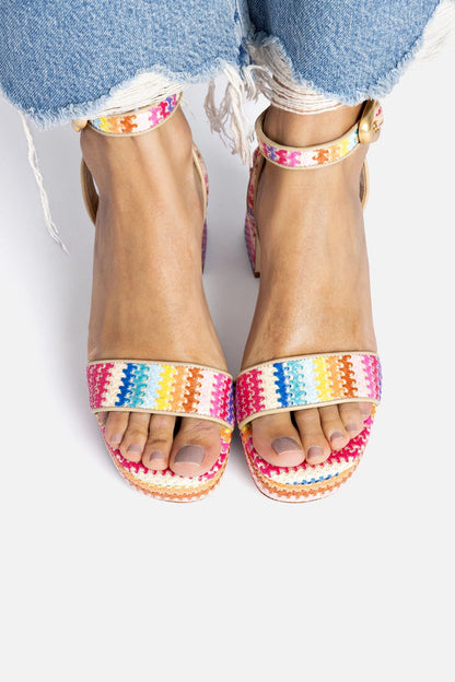 Dolly Verona Low Sandal In Rainbow Raffia and Beige Leather - Larroude