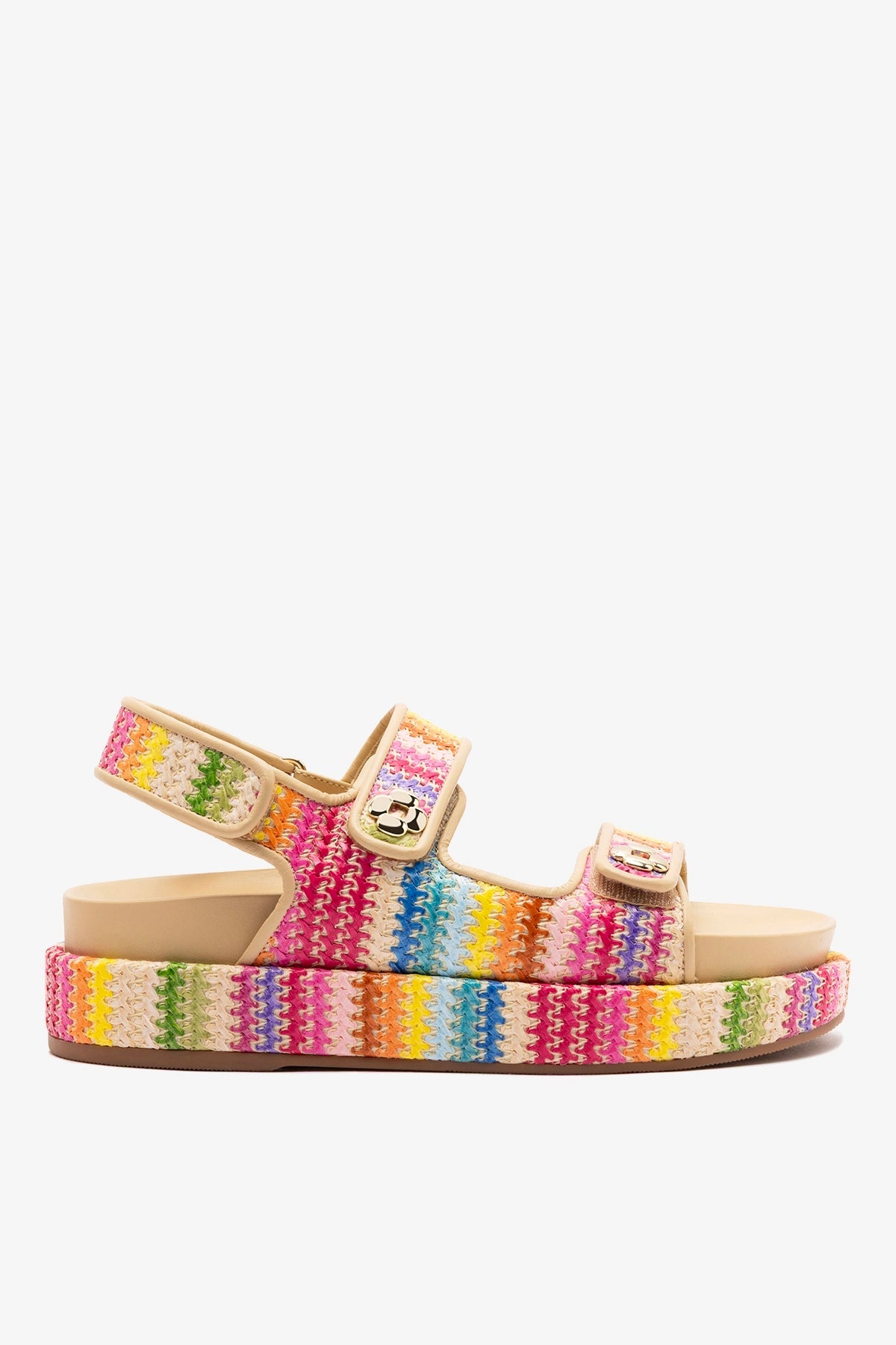 Jetty Sandal In Rainbow Raffia and Beige Leather - Larroude