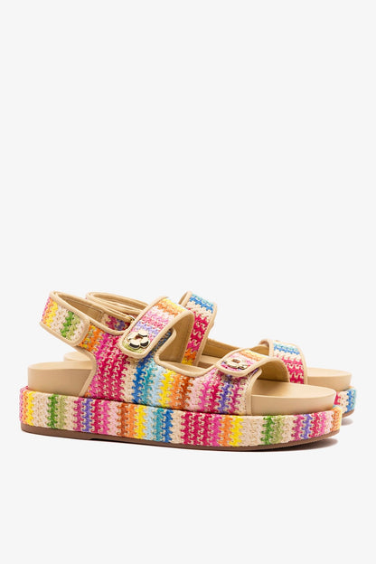 Jetty Sandal In Rainbow Raffia and Beige Leather - Larroude
