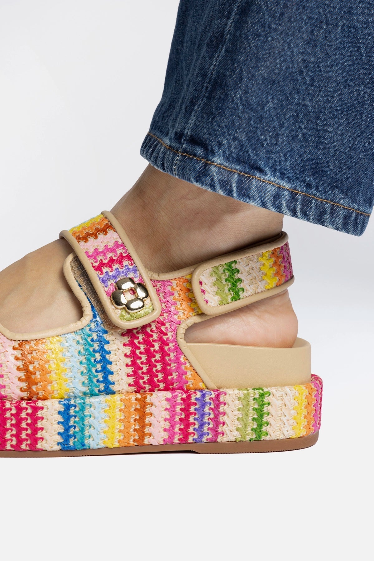 Jetty Sandal In Rainbow Raffia and Beige Leather - Larroude