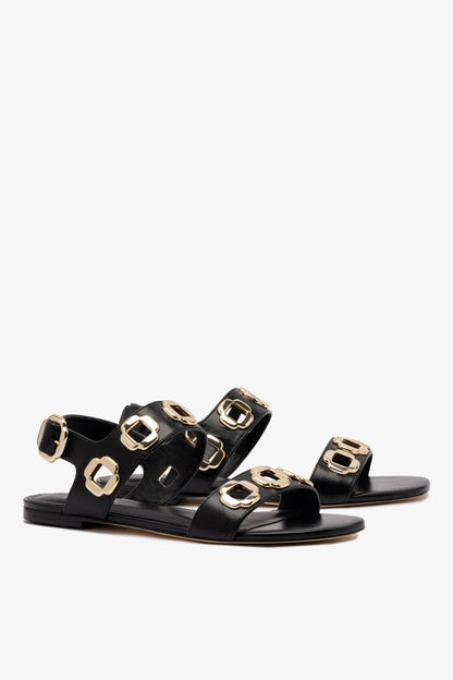 Milan Flat Sandal In Black Leather - Larroude