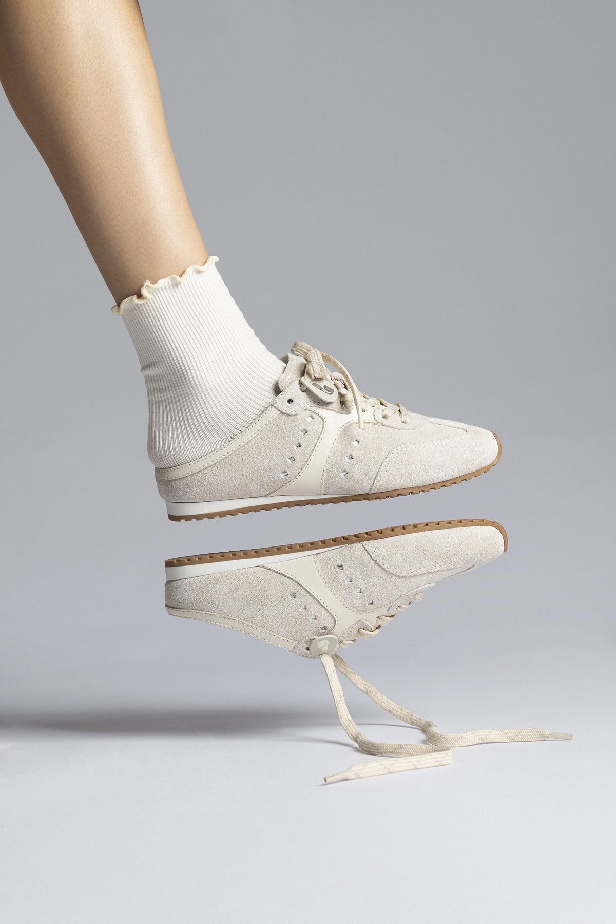 Stella Mule In Mushroom Grey Suede and Ivory Leather - Larroude