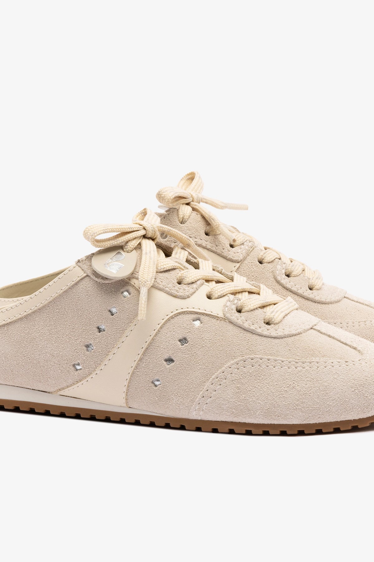 Stella Mule In Mushroom Grey Suede and Ivory Leather - Larroude