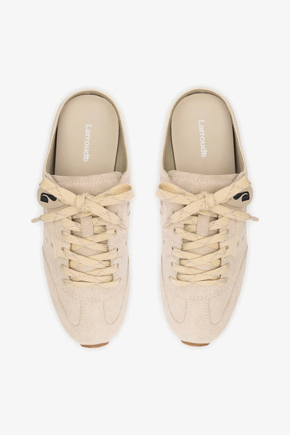 Stella Mule In Mushroom Grey Suede and Ivory Leather - Larroude