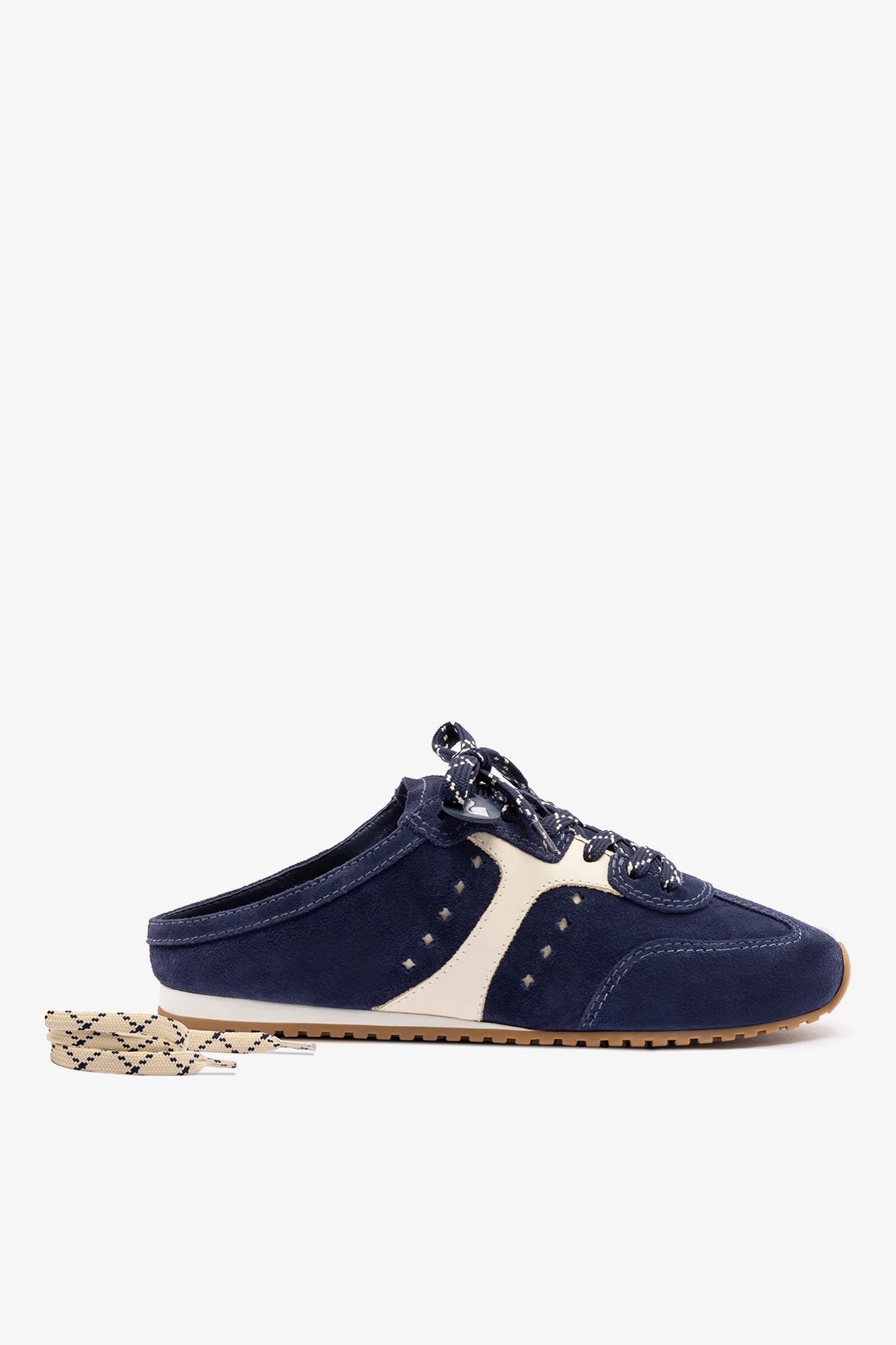 Stella Mule In Navy Suede and Ivory Leather - Larroude