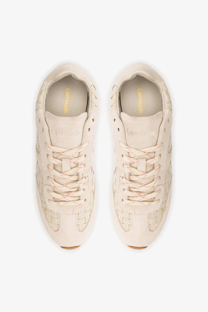 Stella Macrame Sneaker In Mushroom Grey Leather and Suede - Larroude
