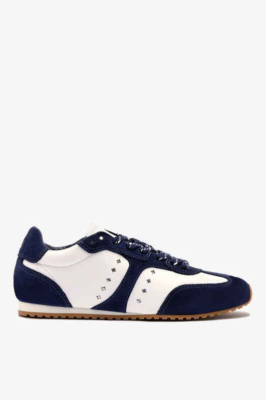 Stella Sneaker In White Leather and Indigo Suede - Larroude