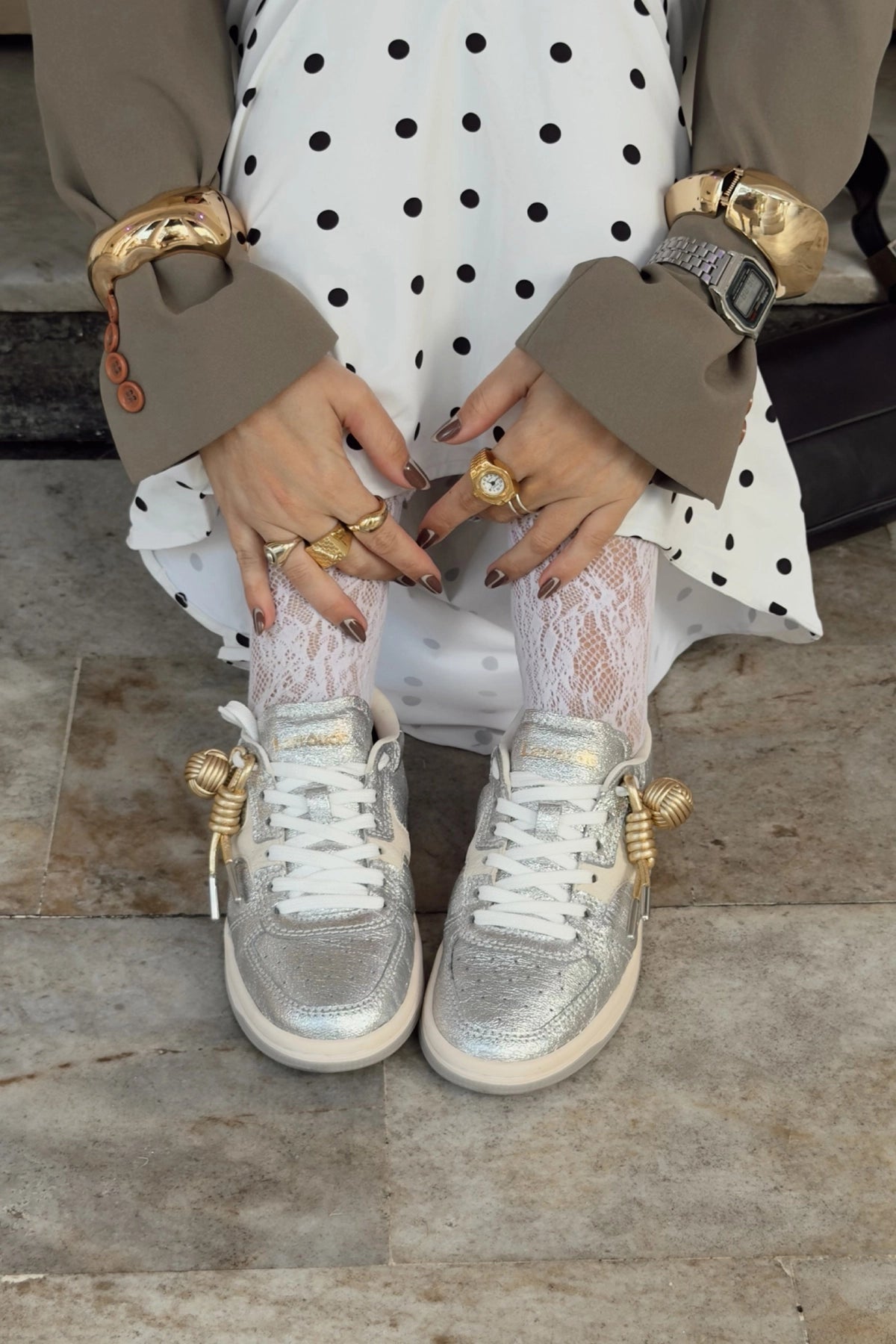 George Sneaker In Silver Sparkle Leather and Ivory Leather - Larroude