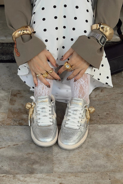 George Sneaker In Silver Sparkle Leather and Ivory Leather - Larroude