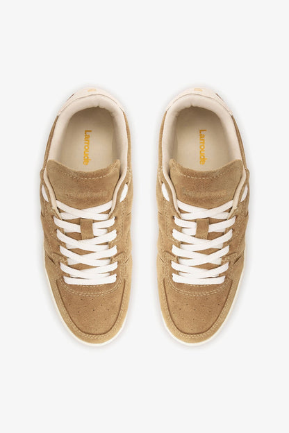 George Sneaker In Peanut Suede and Ivory Leather - Larroude