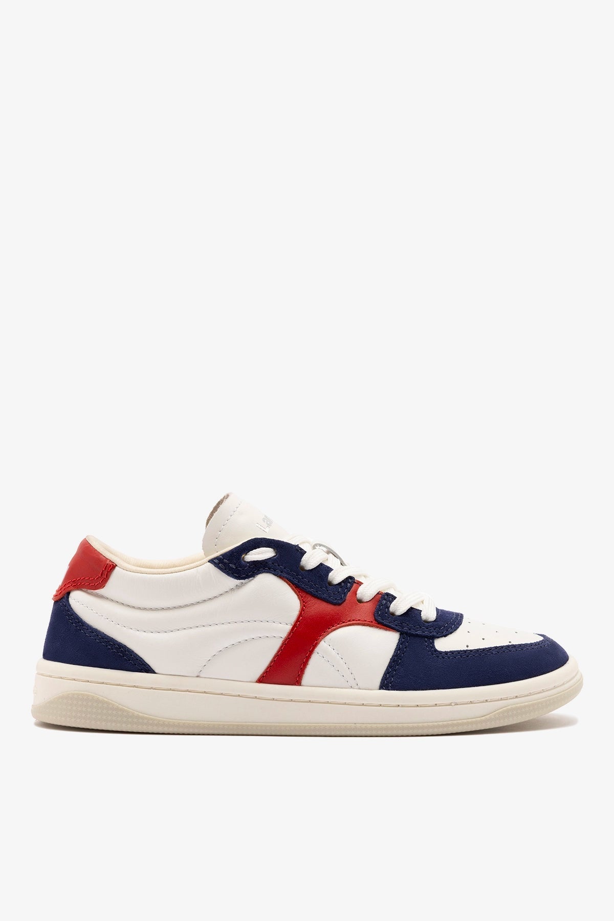 George Sneaker In White and Blood Red Leather and Navy Suede - Larroude