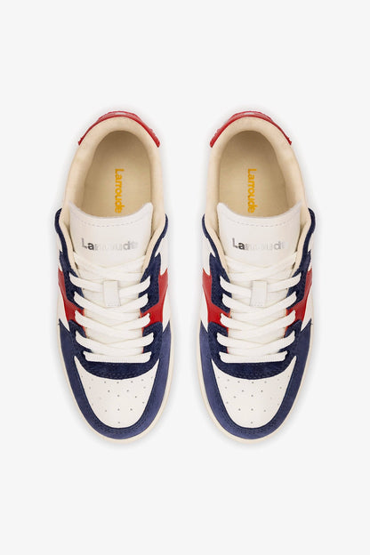 George Sneaker In White and Blood Red Leather and Navy Suede - Larroude
