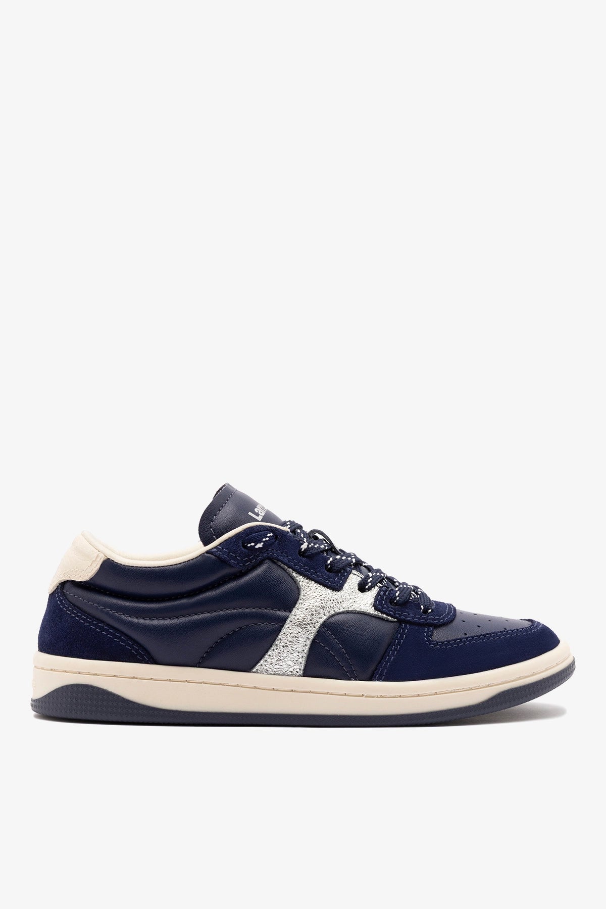 George Sneaker In Navy Suede and Silver Sparkle Leather - Larroude