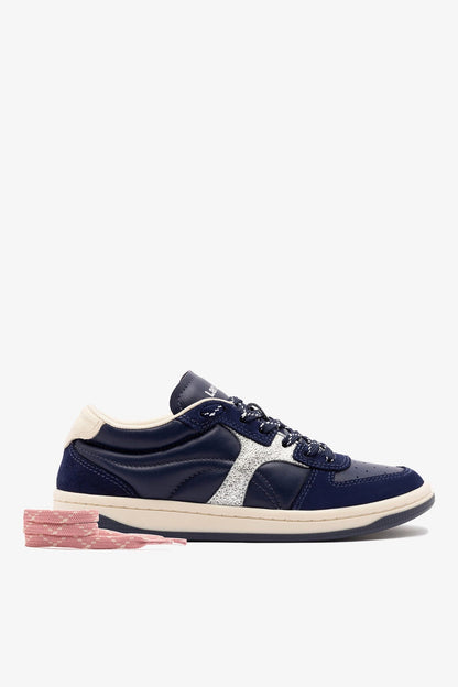 George Sneaker In Navy Suede and Silver Sparkle Leather - Larroude