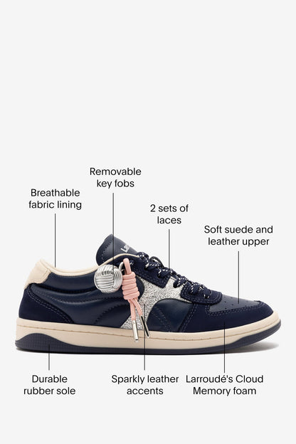 George Sneaker In Navy Suede and Silver Sparkle Leather - Larroude