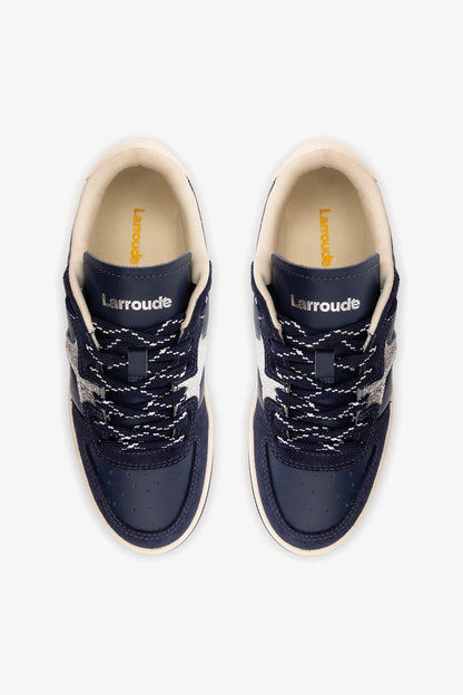 George Sneaker In Navy Suede and Silver Sparkle Leather - Larroude