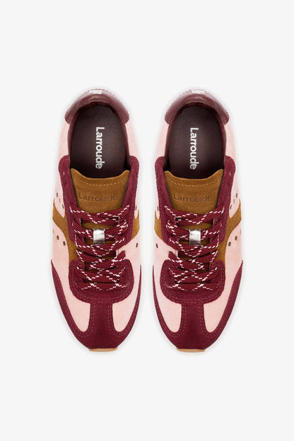 Stella Sneaker In Tulip, Russet and Wine Suede and Silver Metallic Leather - Larroude