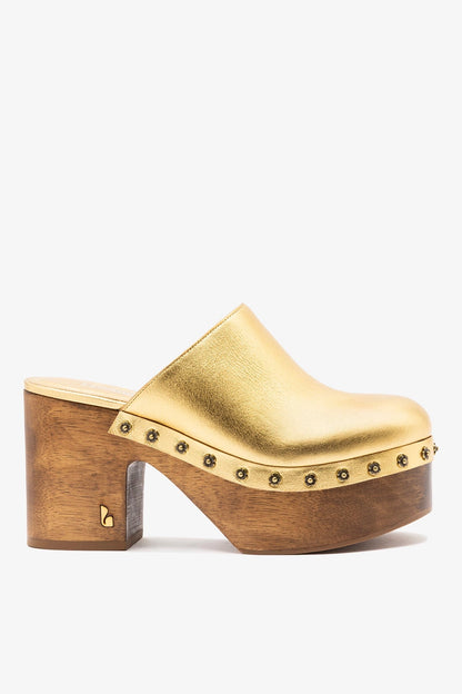 Miso Wooden Platform Clog Gold Leather - Larroude