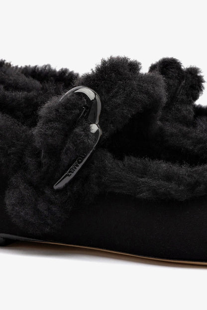 Verona Ballet Flat In Black Suede And Black Shearling - Larroude