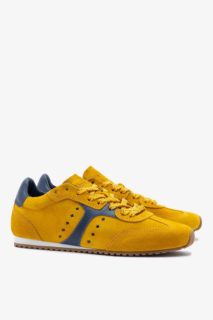 Stella Sneaker In Yellow Suede and Navy Leather - Larroude