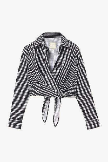 Rose Wrap Top In Black and White Striped Cotton - Larroude