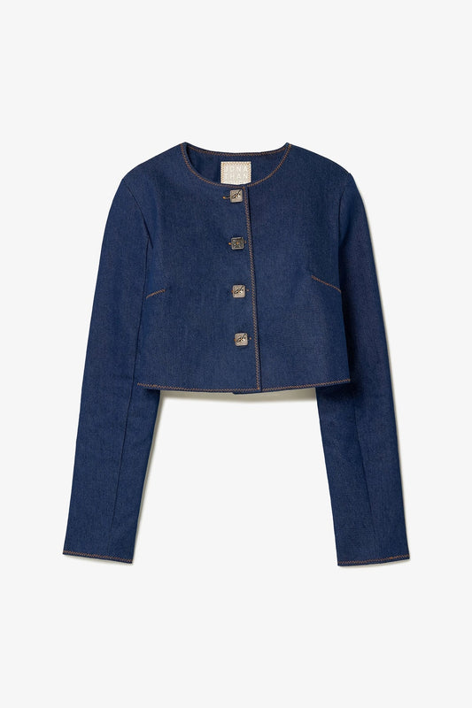 Gloria Cropped Jacket In Blue Denim - Larroude