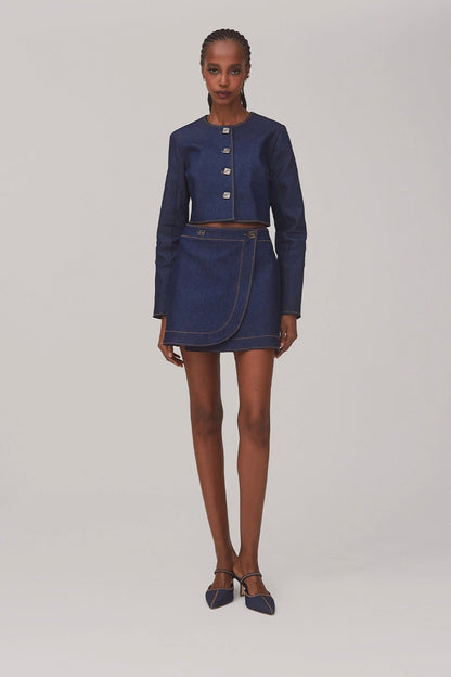 Gloria Cropped Jacket In Blue Denim - Larroude