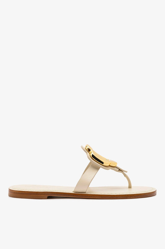 Margherita Thong Sandal in Ivory Leather and Gold Hardware - Larroude
