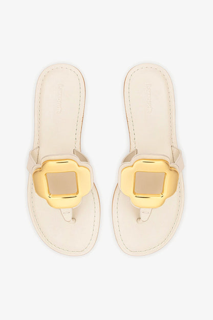 Margherita Thong Sandal in Ivory Leather and Gold Hardware - Larroude