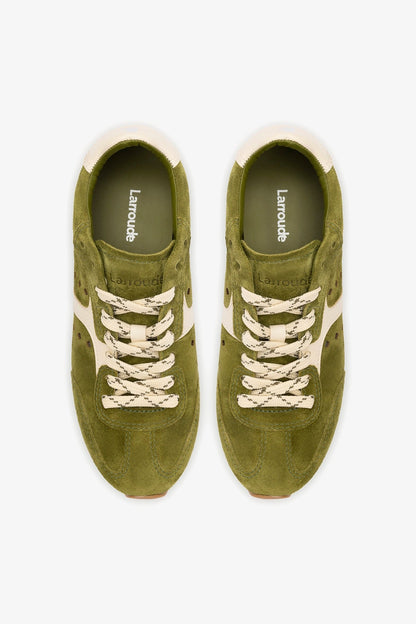 Stella Sneaker In Seaweed Suede and Ivory Leather - Larroude