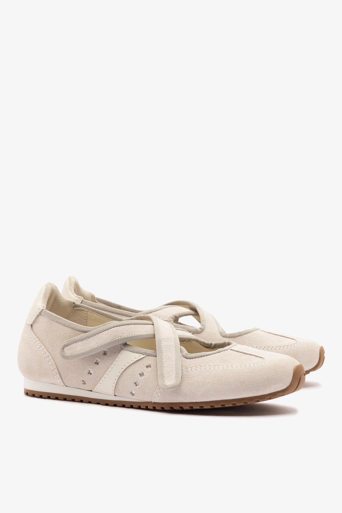 Stella Ballerina Flat In Mushroom Grey Suede and Ivory Leather - Larroude