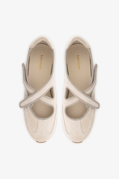 Stella Ballerina Flat In Mushroom Grey Suede and Ivory Leather - Larroude