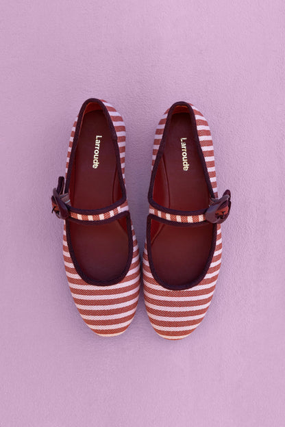 Verona Ballet Flat In Tulip and Carmine Striped Fabric and Burgundy Trimming - Larroude