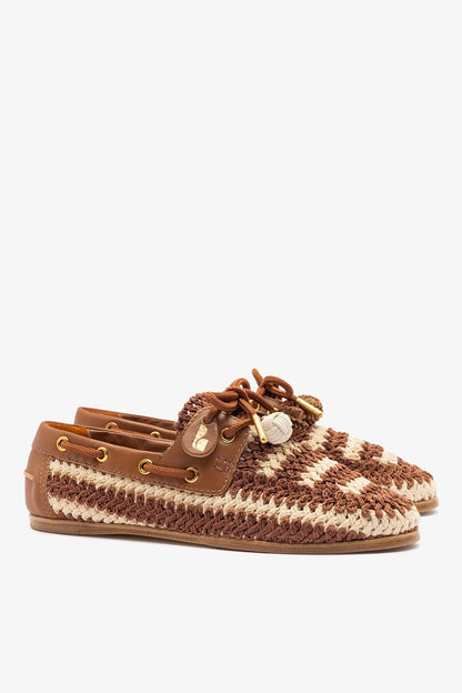 Cyprus Crochet Boat Shoe In Caramel and Ivory Crochet and Caramel Leather - Larroude
