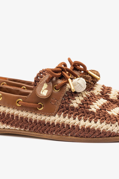Cyprus Crochet Boat Shoe In Caramel and Ivory Crochet and Caramel Leather - Larroude