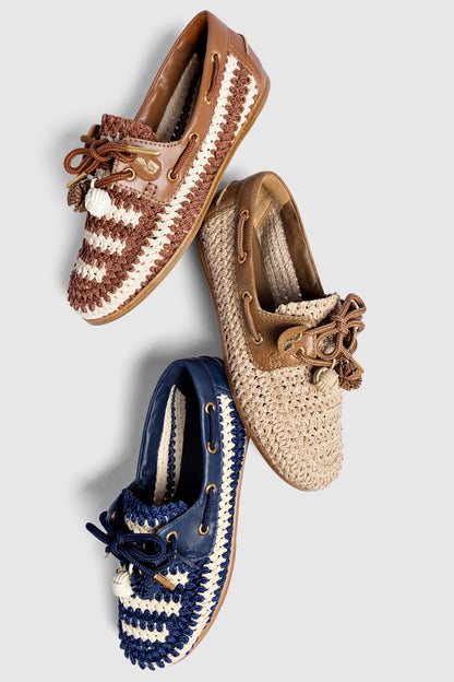 Cyprus Crochet Boat Shoe In Navy and Ivory Crochet and Navy Leather - Larroude