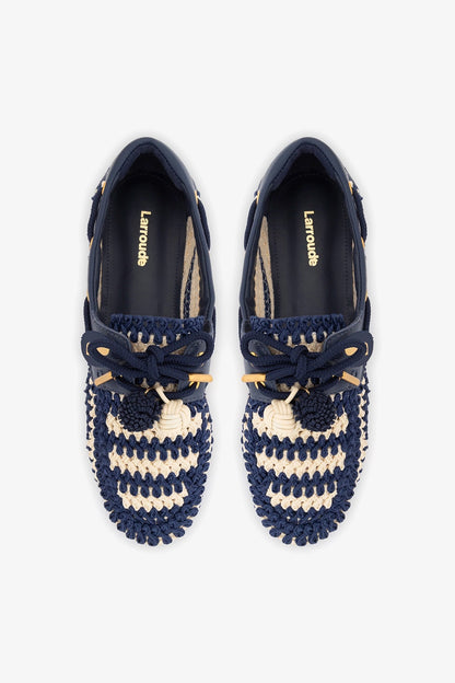 Cyprus Crochet Boat Shoe In Navy and Ivory Crochet and Navy Leather - Larroude