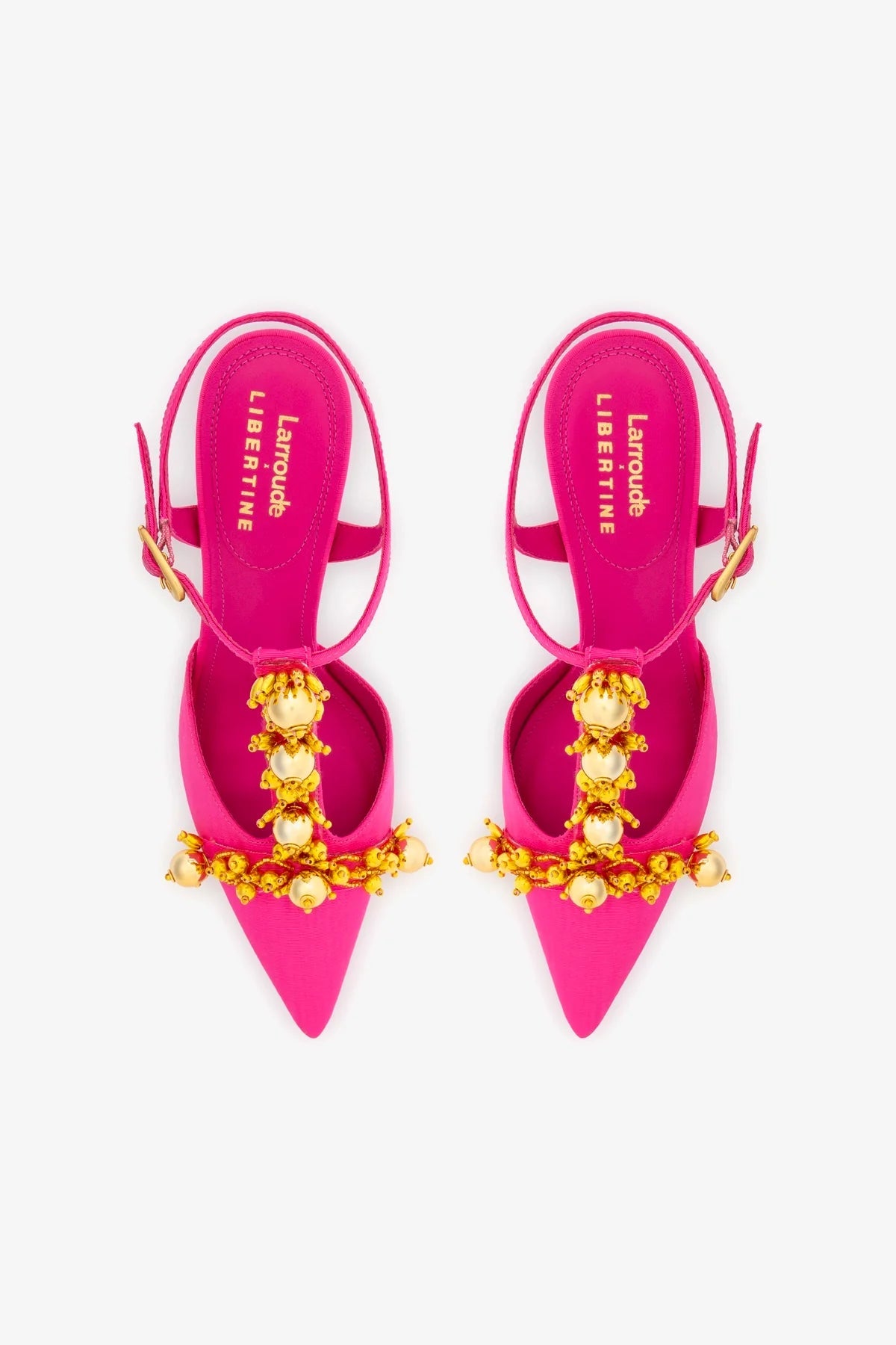 Larroudé x Libertine Pump In Magenta Fabric and Golden Balls - Larroude