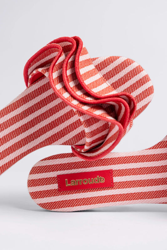 Ivy Ruffle Flat Carmine Striped Canvas - Larroude